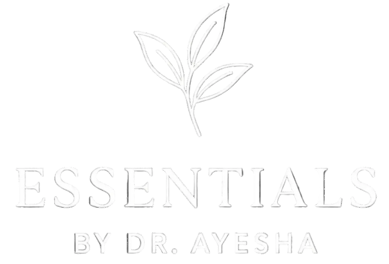 Logo of 'Essentials by Dr. Ayesha' with a leaf design on a white background