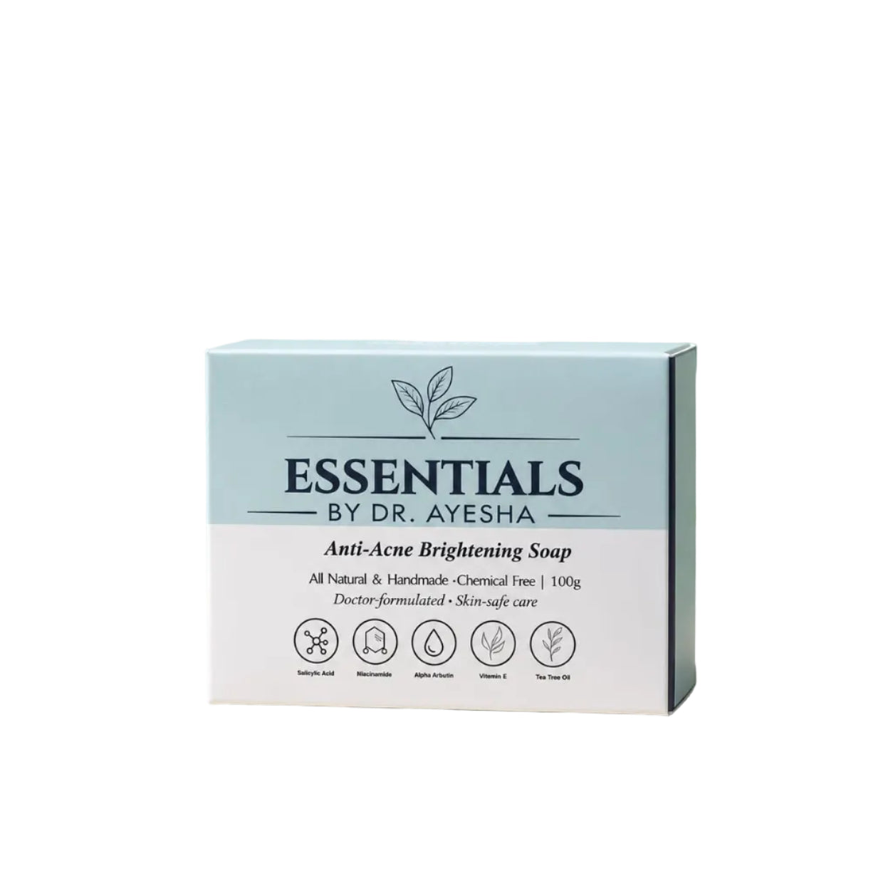 Box of Essentials by Dr. Ayesha Anti-Acne Brightening Soap with promotional text on a light background