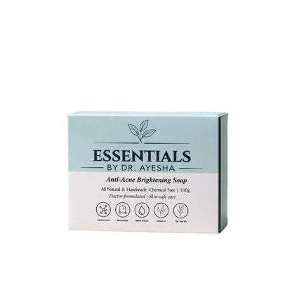 Box of Essentials by Dr. Ayesha Anti-Acne Brightening Soap with promotional text on a light background