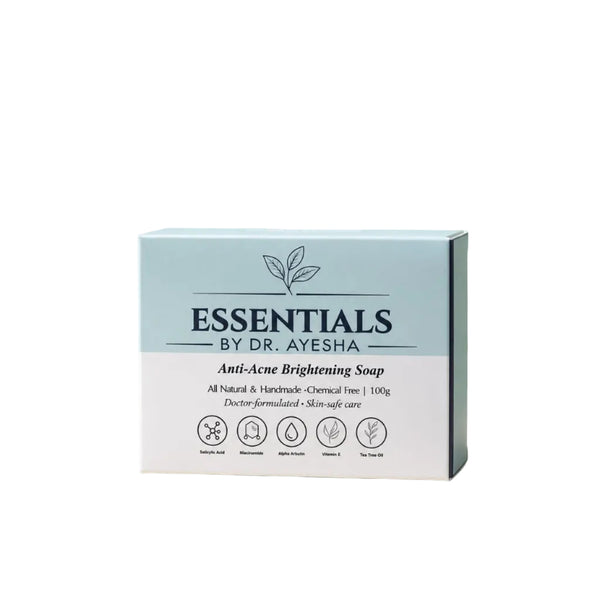 Box of Essentials by Dr. Ayesha Anti-Acne Brightening Soap with promotional text on a light background